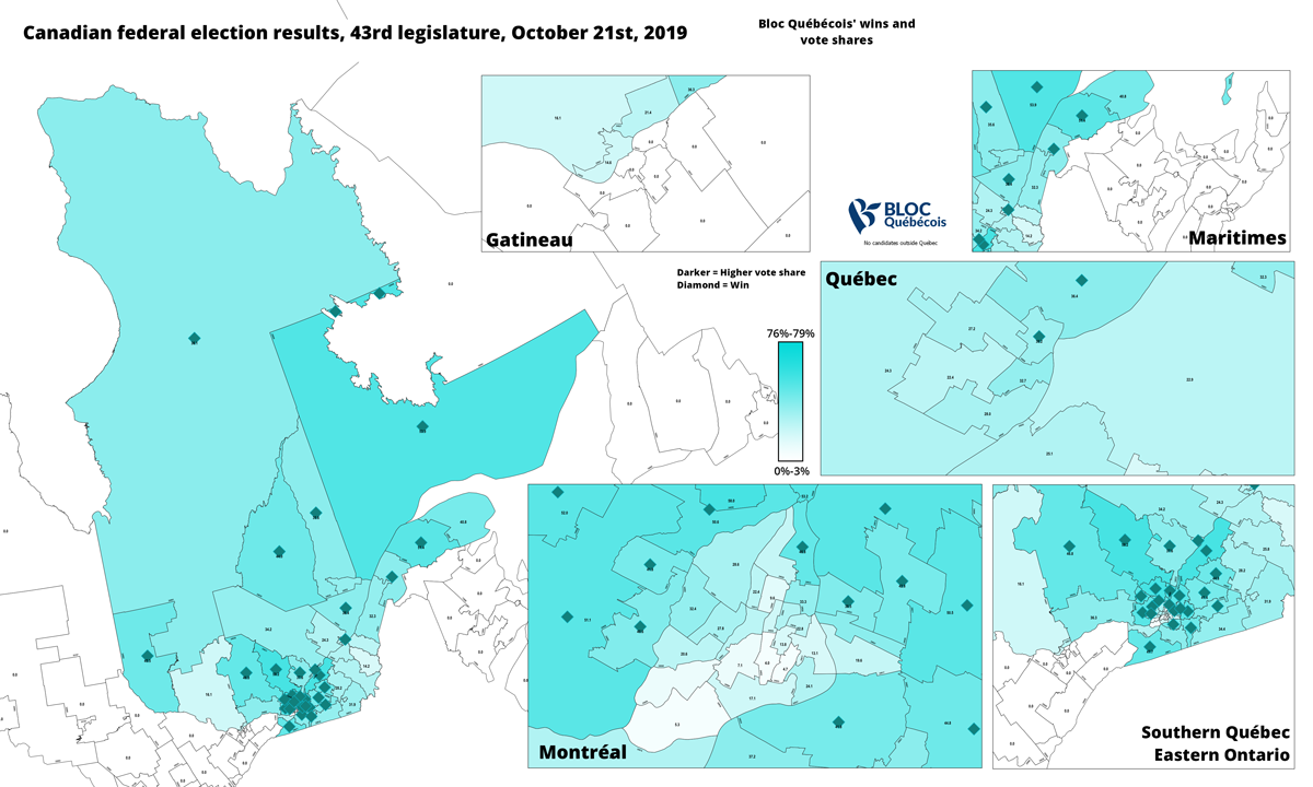 Image d'avant : les résultats de vote du Bloc québécois en 2019, par comté