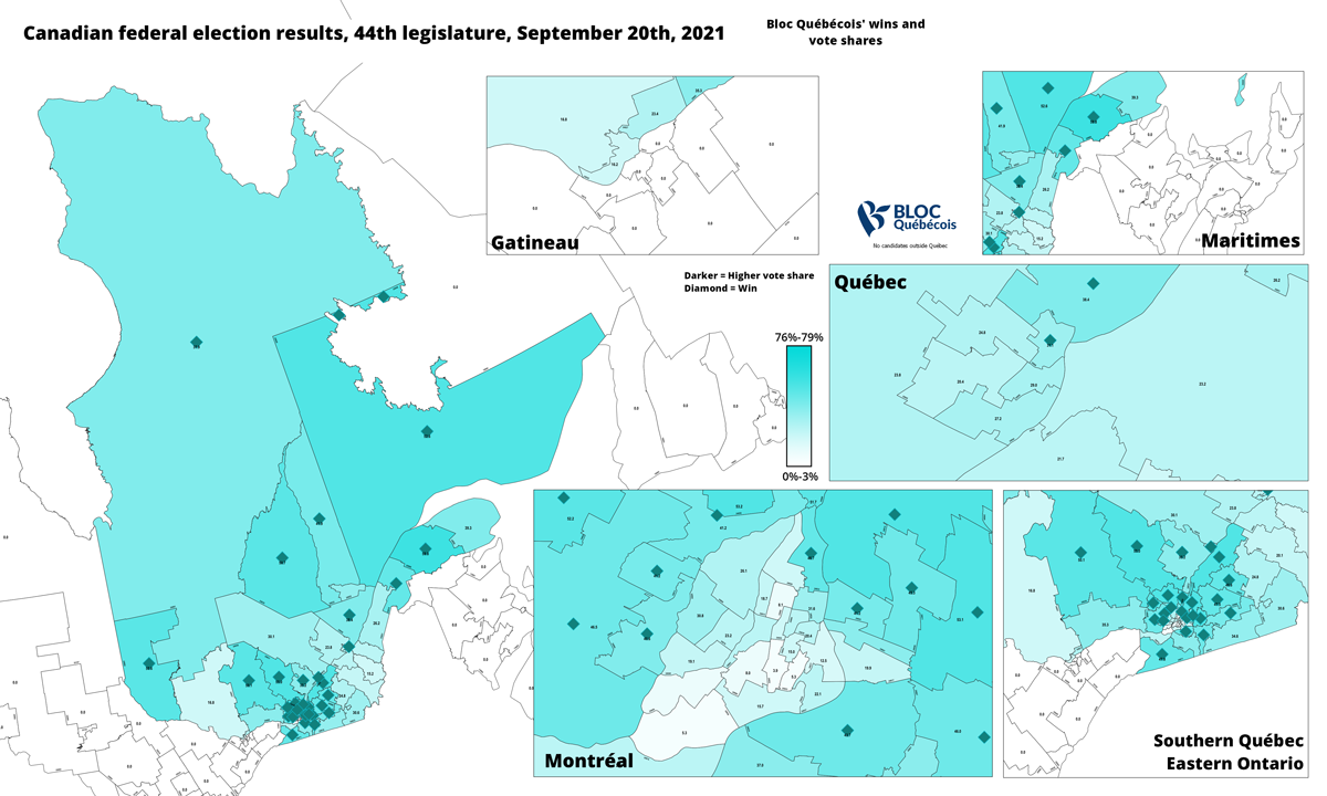 Image d'après : les résultats de vote du Bloc québécois en 2021, par comté