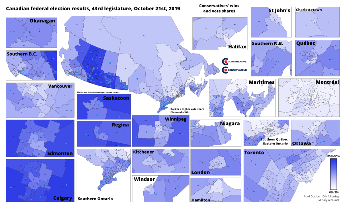 Image d'apvant: les votes du Parti conservateur du Canada lors de l'élection fédérale canadienne 2019, par comté