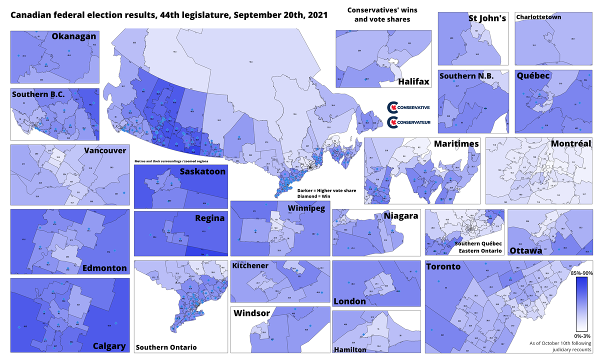 Image d'après : les votes du Parti conservateur du Canada lors de l'élection fédérale canadienne 2021, par comté