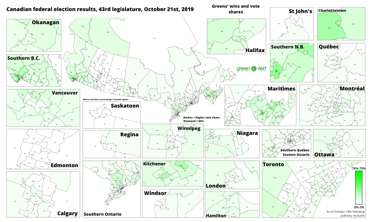 Image d'avant : les votes du Parti vert du Canada lors de l'élection fédérale canadienne 2019, par comté