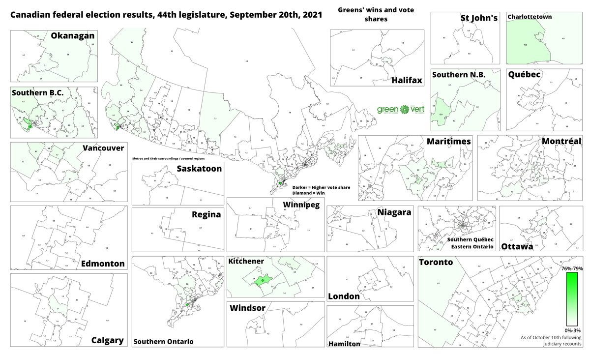 Image d'après : les votes du Parti vert du Canada lors de l'élection fédérale canadienne 2021, par comté