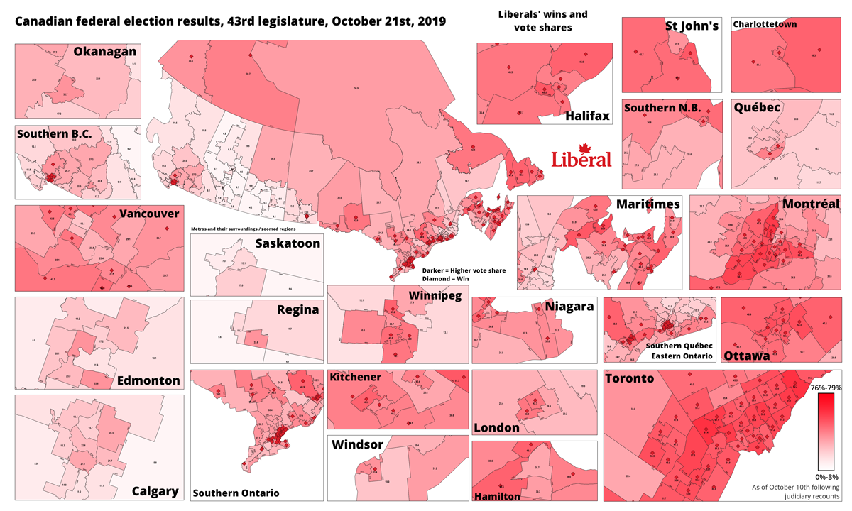 Image d'avant : les votes du Parti libéral du Canada lors de l'élection fédérale canadienne 2019, par comté