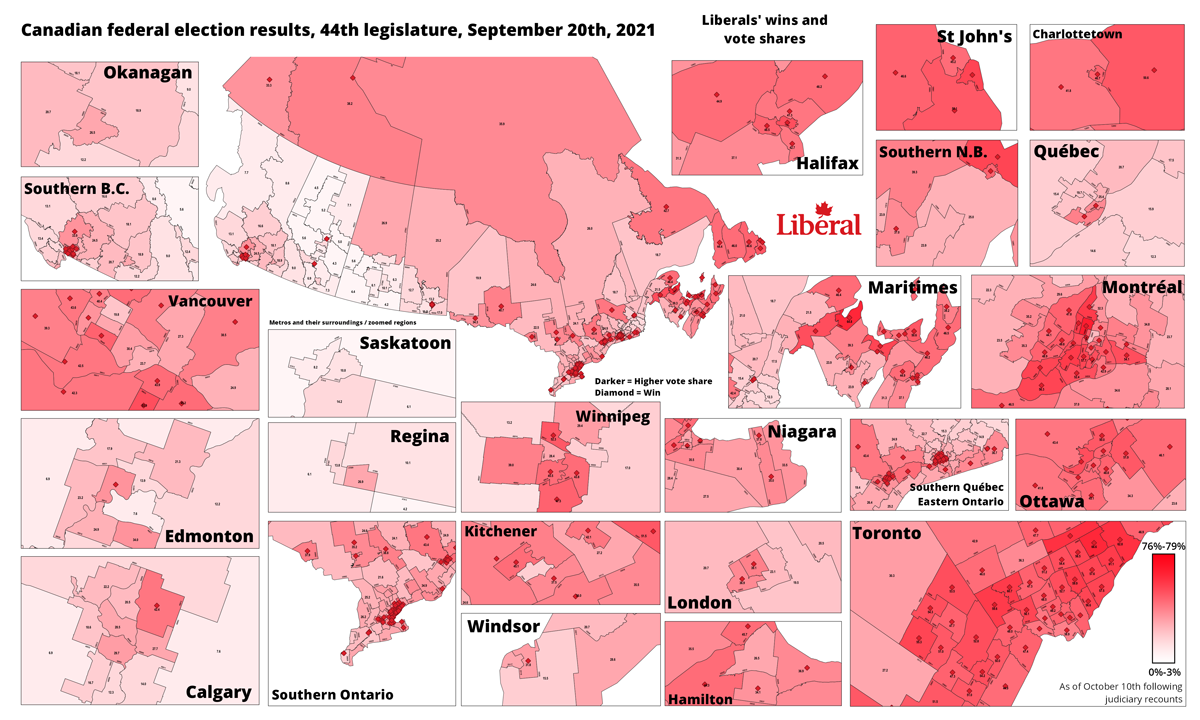 Image d'après : les votes du Parti libéral du Canada lors de l'élection fédérale canadienne 2019, par comté