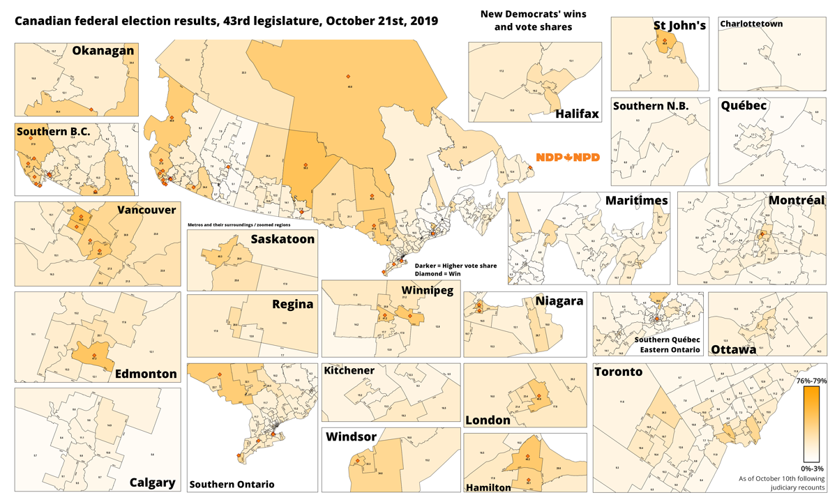 Image d'avant : les votes du Nouveau parti démocratique du Canada lors de l'élection fédérale canadienne 2019, par comté