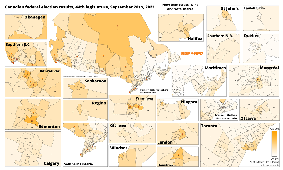 Image d'après : les votes du Nouveau parti démocratique du Canada lors de l'élection fédérale canadienne 2021, par comté