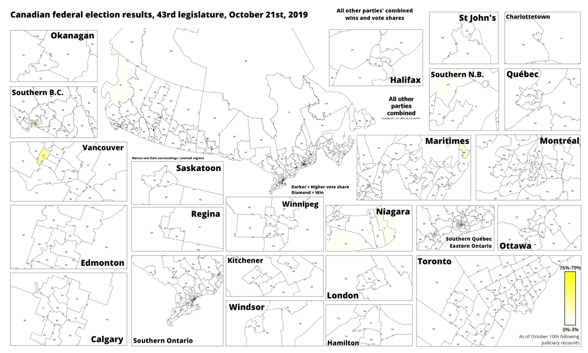 Image d'avant : le vote combiné de tous les candidats d'autres partis ou ceux et celles indépendants en 2019, par comté