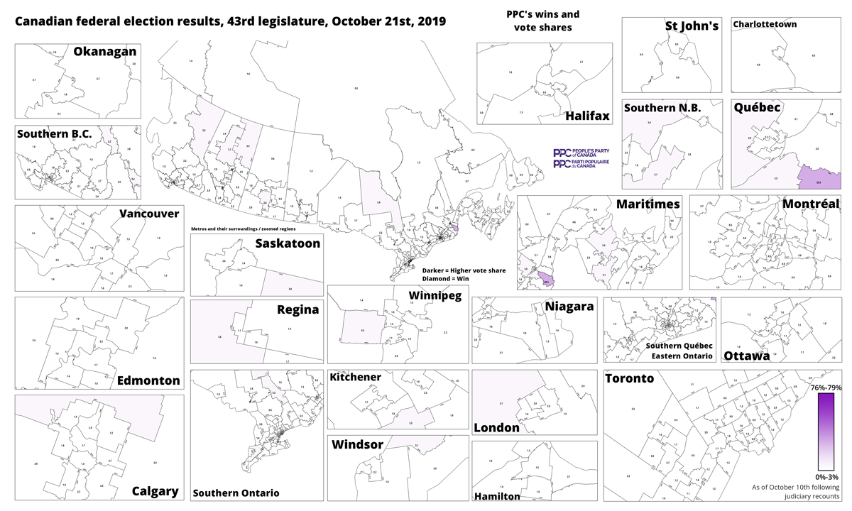 Image d'avant : les votes du Parti populaire du Canada lors de l'élection fédérale canadienne 2019, par comté