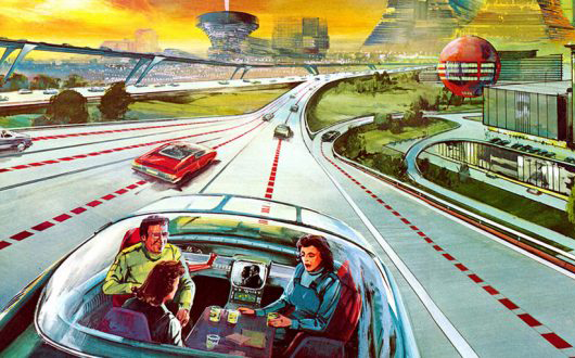 A vintage illustration of the future : people having a good time chatting and playing cards in a self-driving car circulating on the freeway.