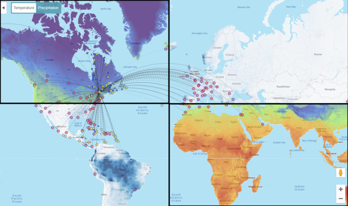 A screenshot of the Routitude interactive map, which is showing you all the direct destinations from you and the kind of weather you can expect, color-coded.